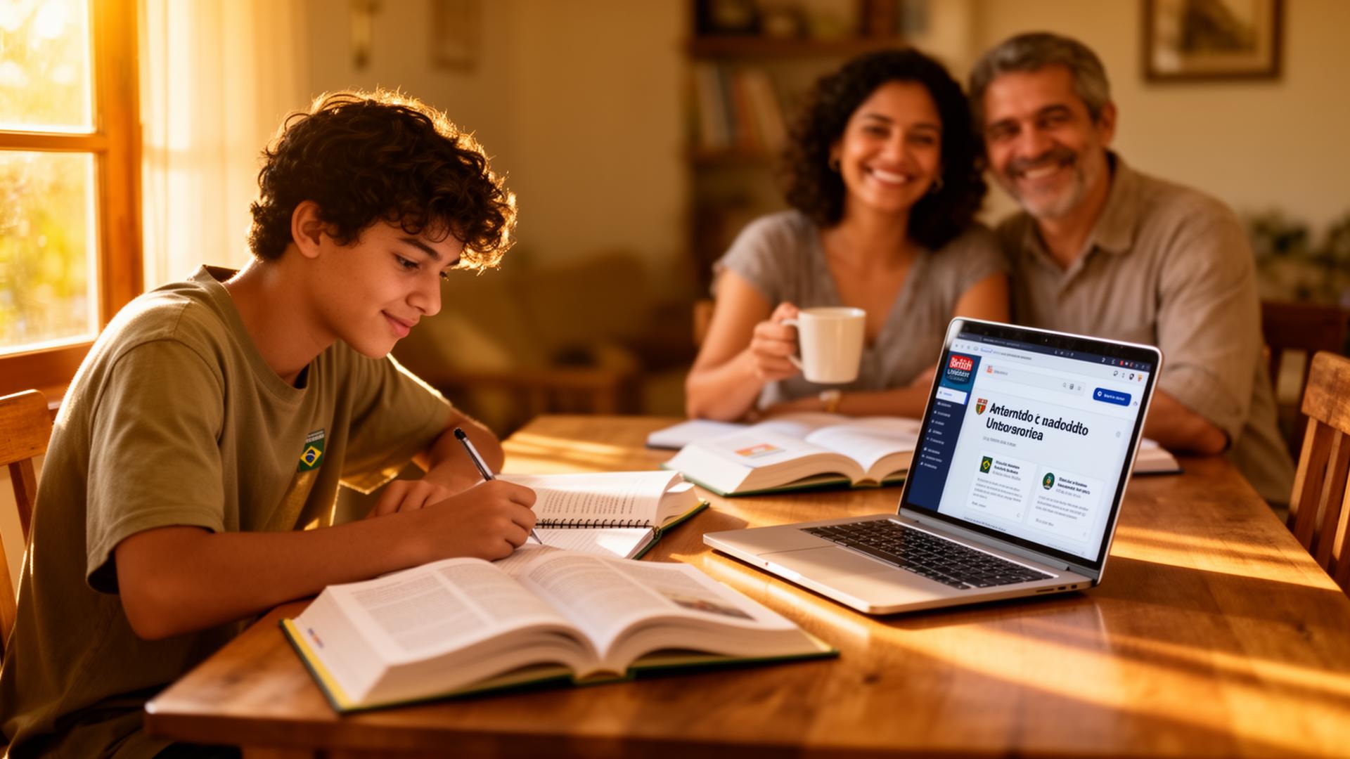 A Brazilian student studying at home, supported by family